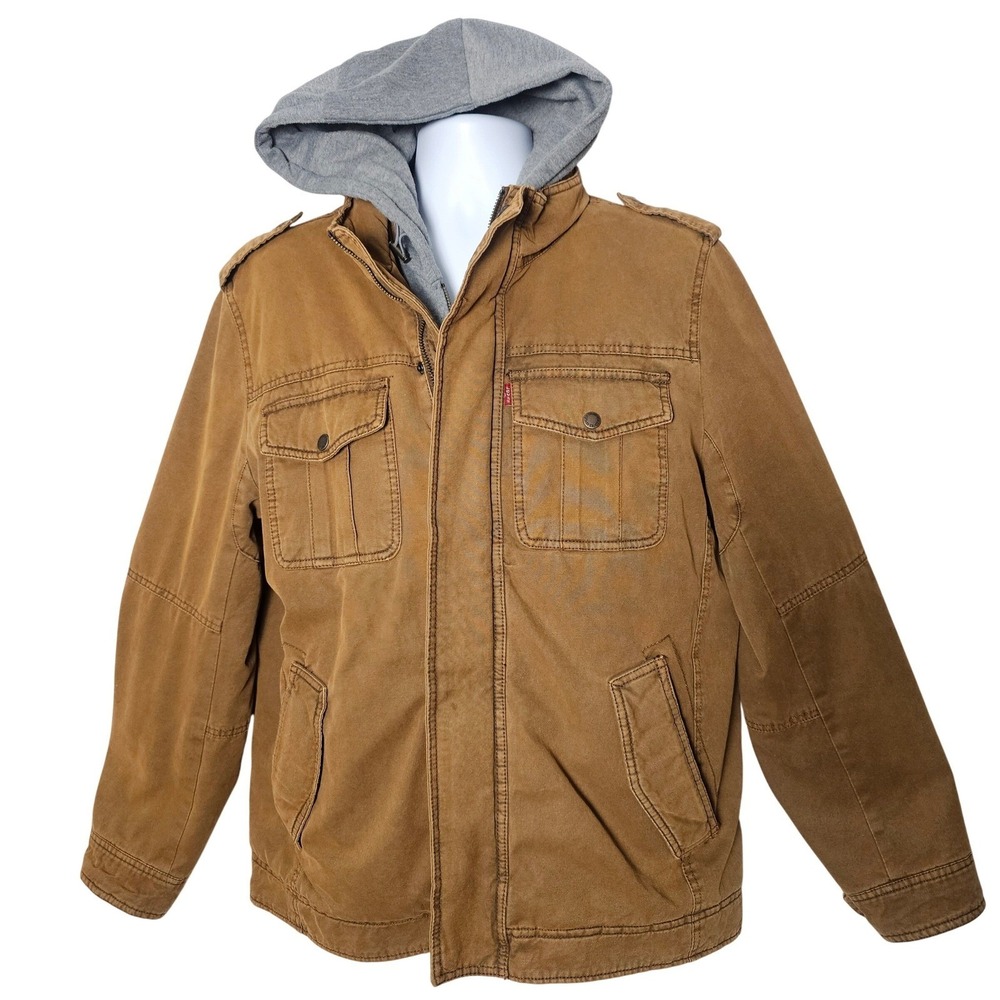 Levi's Mens Sherpa Lined Military Trucker Jacket M‎ Brown Detachable Hood